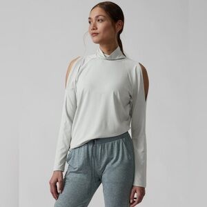 Athleta long sleeve soft cold shoulder solid turtleneck top on grey. Size M
